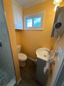 a bathroom with a toilet and a sink and a shower at Oceanview Loft York in York