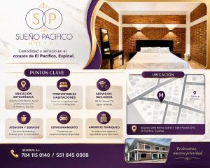a flyer for a hotel with a bed in a room at Hotel sueño pacifico in Entabladero
