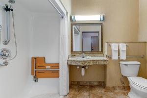 a bathroom with a toilet and a sink and a mirror at Best Western Plus Capital Inn in Jefferson City +31 photos