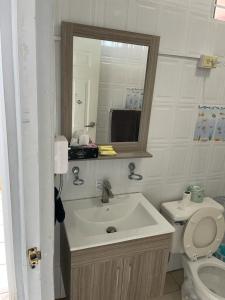 a bathroom with a sink and a toilet and a mirror at Rincon Boricua Apartments in Rincon +30 photos