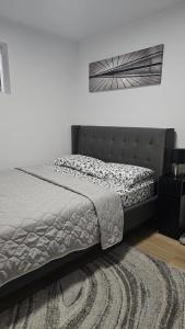 a bedroom with a bed and a rug at Transcona Stay in Winnipeg