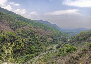 an aerial view of a forested mountain with a river at Hotel Mittal Tower in Jhājra