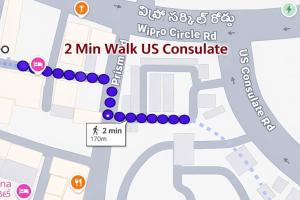 a map of the mile walk us consolidate at Grand Maalyasa Hotel and Suites, US Consulate Hyderabad 2 Mins walk in Hyderabad