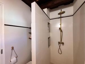 a bathroom with a shower with white walls at Dandelion Vintage in Nemesgulács +13 photos