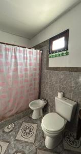 a bathroom with a toilet and a shower curtain at Hostel Acuarelas in El Chalten +9 photos