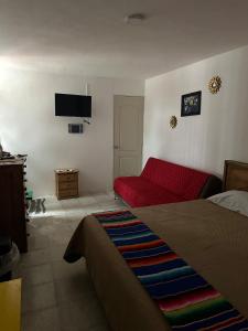 a bedroom with a red bed and a flat screen tv at Cozy house near downtown in Orizaba