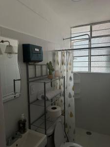a bathroom with a shower and a toilet and a sink at Cozy house near downtown in Orizaba +31 photos