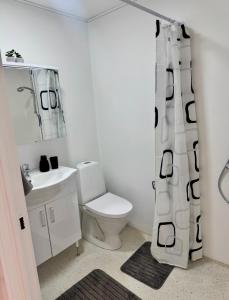 a white bathroom with a toilet and a sink at Finnsvej 12E in Frederikshavn