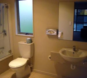 La salle de bains est pourvue de toilettes et d'un lavabo. dans l'établissement St Johns court motel, à Milton