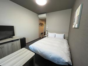 a small room with a bed and a tv at Hotel Route Inn Imabari in Imabari +28 photos