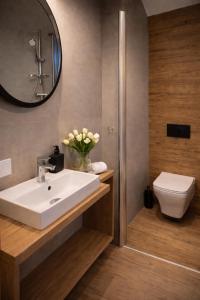 a bathroom with a sink and a toilet and a mirror at New Corner Apartamenty in Niechorze +18 photos
