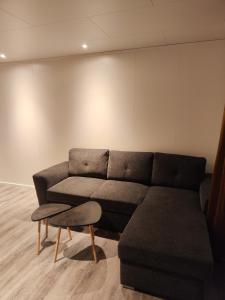 a living room with a couch and a chair at apartament by the sea in Havøysund +1 photo