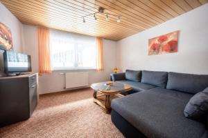 a living room with a couch and a tv at Gästehaus Jutta in Lindberg