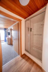 a bathroom with a shower and a glass door at Gästehaus Jutta in Lindberg +19 photos