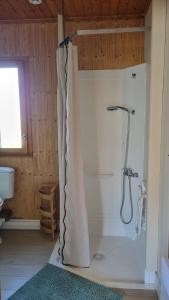 a bathroom with a shower with a shower curtain at Les Chalets de la Besbre in Jaligny