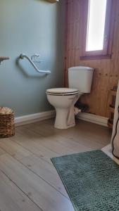 a bathroom with a toilet and a window and a rug at Les Chalets de la Besbre in Jaligny