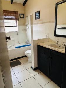 a bathroom with a sink and a toilet and a mirror at River Front Guest House in Gqeberha +103 photos