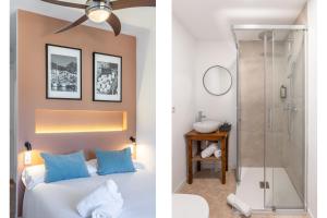 a bedroom with a bed and a shower at Hostal Nadal in Sóller