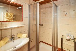 un bagno con doccia e lavandino di Ferienanlage Reithof a Filzmoos