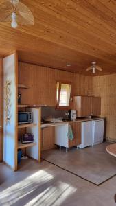 a large kitchen with wooden walls and a ceiling at Les Chalets de la Besbre in Jaligny