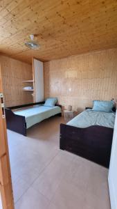 a bedroom with two beds and a wooden ceiling at Les Chalets de la Besbre in Jaligny