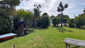 a yard with a bench and palm trees at Kea View - Pohara Beach Holiday Home in Pohara