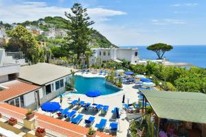 an aerial view of a pool with chairs and umbrellas at Hotel Terme Saint Raphael in Barano d'Ischia