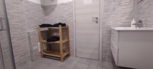 a bathroom with a shower and a sink and a shelf at Alloggio Tobia in Biella