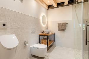 a bathroom with a toilet and a glass shower at Glamorous Cottage mit Kamin und Sauna in Dahlem +8 photos