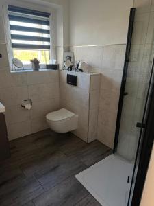 a bathroom with a toilet and a sink and a shower at Ferienhaus Mila in Löbau +5 photos