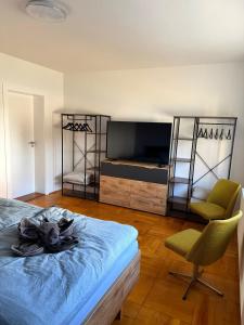 a bedroom with a bed and a flat screen tv at Ferienhaus Mila in Löbau