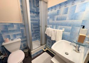 a blue tiled bathroom with a toilet and a sink at Studio Cosy Carnot in Compiègne