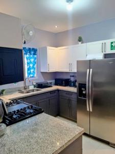 a kitchen with a stainless steel refrigerator and cabinets at Summer Breeze Villa in Lucea
