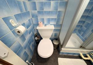 a blue tiled bathroom with a toilet and a roll of toilet paper at Studio Cosy Carnot in Compiègne +2 photos