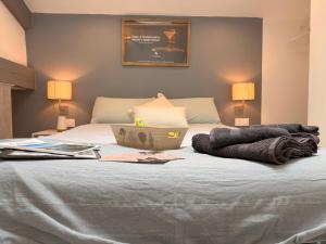 a bedroom with a large bed with two lamps at L'Authentique Centre-ville Charme & Confort in Cognac