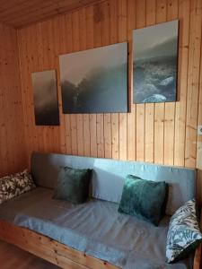 a couch in a room with three pictures on the wall at Chalet confort in Saint-Rémy