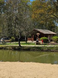 a gazebo next to a body of water at Chalet confort in Saint-Rémy