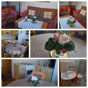 a collage of photos of a kitchen and a living room at Ferienhaus im Park in Hinterzarten +22 photos