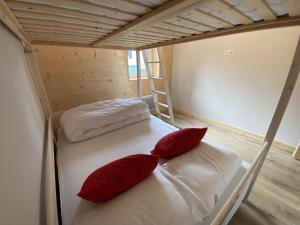 two bunk beds with red pillows in a room at Les Estives R-2G in Le Lioran