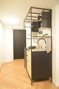 a kitchen with a counter and a shelf in a room at Blossoming Hidden Nest with Garden in Ljubljana
