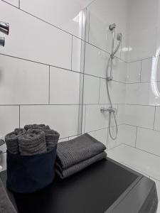 ein Badezimmer mit Dusche und einer Bank mit Handtüchern in der Unterkunft Apartment 45 - Moderne, ruhige 2 Zimmer-Wohnung mit WLAN in Wittenberge, Komplett ausgestattet mit EBK, ideal für Business, Privataufenthalte, Radfahrer sowie kurze und längere Aufenthalte - einzeln oder als Paar - Nahe Bahnhof, Zentrum - Fahrradgarage in Wittenberge + 15 Fotos