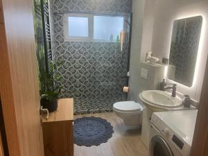 a bathroom with a toilet and a sink and a shower at Bella in Târgu-Mureş +12 photos