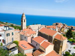 an aerial view of a town with a church at Ginestra in Cipressa
