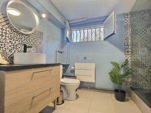 a bathroom with a toilet and a sink and a mirror at Les trois Pitchounes- Wifi- Piscine- Calme in Albi +15 photos