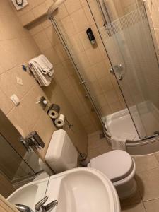 a bathroom with a toilet and a sink and a shower at Hotel Žućo in Biograd na Moru
