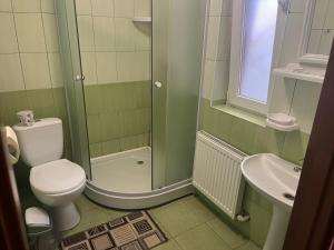 a bathroom with a toilet and a shower and a sink at Санаторий "Синяк" гостиный двор "ПРОЛИСОК" in Sinyak +29 photos