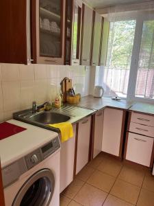 a kitchen with a sink and a washing machine at Санаторий "Синяк" гостиный двор "ПРОЛИСОК" in Sinyak