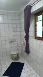 a bathroom with a toilet and a purple curtain at Ferienwohnung Wörndl in Faistenau