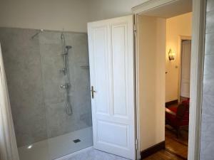 a bathroom with a shower with a glass door at Emy charming apartment with pool in Verbania +22 photos