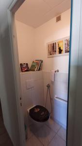 a bathroom with a toilet with a black seat at AïnaPat in Carmaux